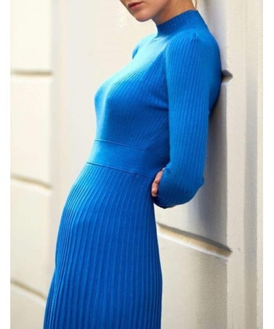 Women's Turtleneck Ribbed Fit and Flare Knit Bodycon Long Sleeve Top Pleated Skirt Maxi Party Sweater Dress Blue $20.70 Sweaters