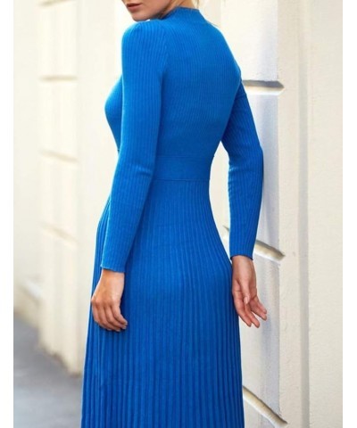 Women's Turtleneck Ribbed Fit and Flare Knit Bodycon Long Sleeve Top Pleated Skirt Maxi Party Sweater Dress Blue $20.70 Sweaters