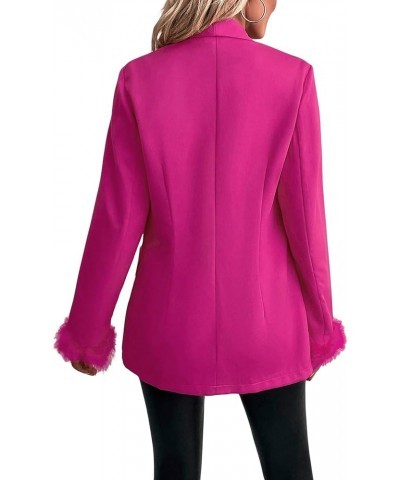 Women's Fuzzy Cuff Single Button Lapel Collar Long Sleeve Blazer Jacket Coat Hot Pink $22.87 Blazers