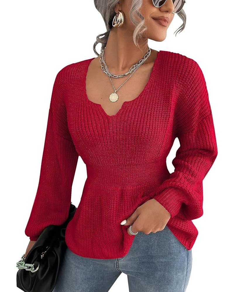 Womens Long Sleeve Sweaters V Neck Fall Knit Sweater Casual Pullover Tops 2023 Red $18.90 Sweaters