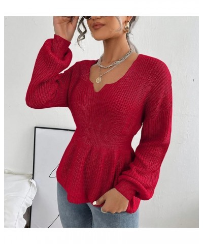 Womens Long Sleeve Sweaters V Neck Fall Knit Sweater Casual Pullover Tops 2023 Red $18.90 Sweaters