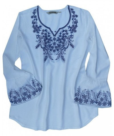 Tia Viscose Rayon Embroidered, Bell Sleeves Tunic Top Bouse White With Blue Embroidery $23.59 Tops