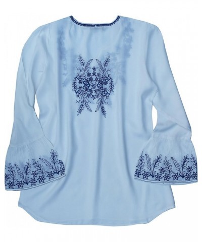 Tia Viscose Rayon Embroidered, Bell Sleeves Tunic Top Bouse White With Blue Embroidery $23.59 Tops