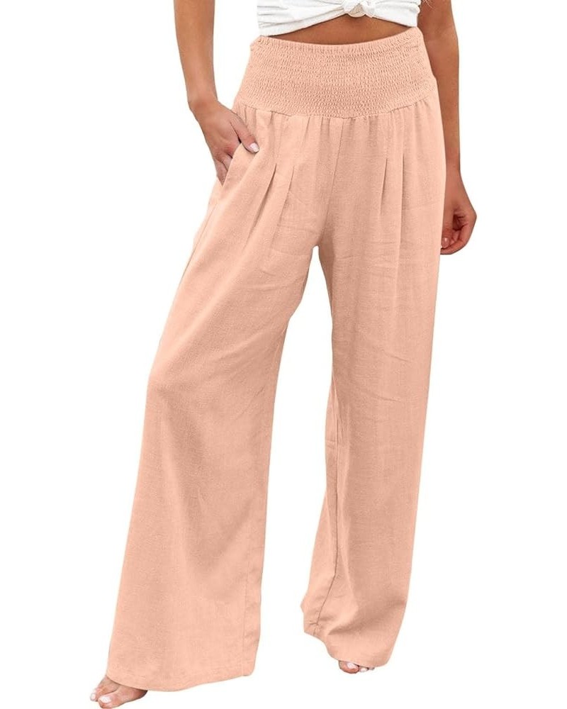 Linen Pants for Women 2024 Vacation Smocked High Waist Wide Leg Pants Loose Palazzo Lounge Pant Trousers with Pockets A06✿pin...