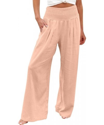 Linen Pants for Women 2024 Vacation Smocked High Waist Wide Leg Pants Loose Palazzo Lounge Pant Trousers with Pockets A06✿pin...