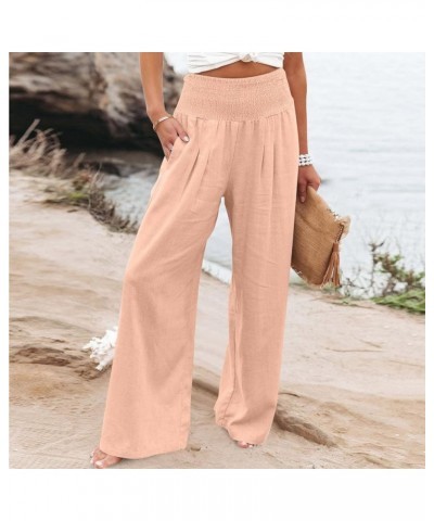 Linen Pants for Women 2024 Vacation Smocked High Waist Wide Leg Pants Loose Palazzo Lounge Pant Trousers with Pockets A06✿pin...