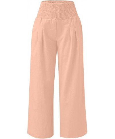 Linen Pants for Women 2024 Vacation Smocked High Waist Wide Leg Pants Loose Palazzo Lounge Pant Trousers with Pockets A06✿pin...