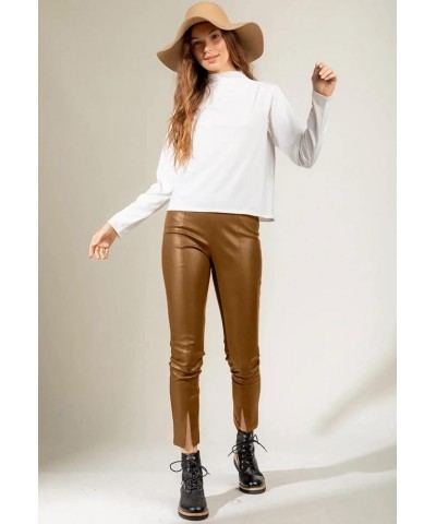 Women's Faux Leather Slim Fit High Waist Split Hem Straight Leg Pants Streetwear Brown $15.17 Pants