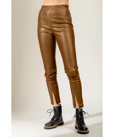 Women's Faux Leather Slim Fit High Waist Split Hem Straight Leg Pants Streetwear Brown $15.17 Pants