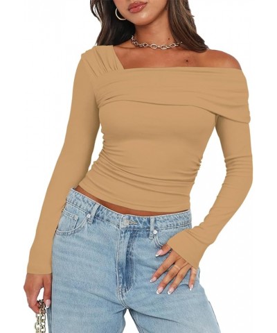 Women's One Off Shoulder Long Sleeve Top Casual Going Out Y2K Tops Slim Fit T-Shirts Ruched Crop Top Khaki $12.50 T-Shirts