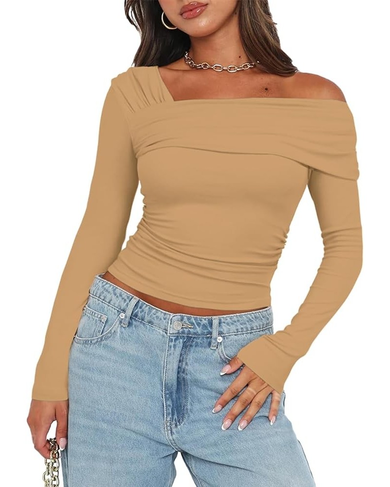 Women's One Off Shoulder Long Sleeve Top Casual Going Out Y2K Tops Slim Fit T-Shirts Ruched Crop Top Khaki $12.50 T-Shirts