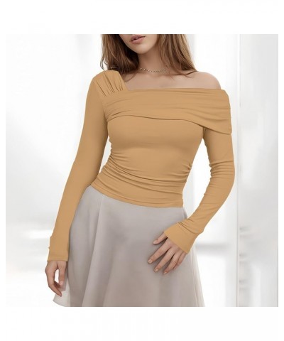 Women's One Off Shoulder Long Sleeve Top Casual Going Out Y2K Tops Slim Fit T-Shirts Ruched Crop Top Khaki $12.50 T-Shirts