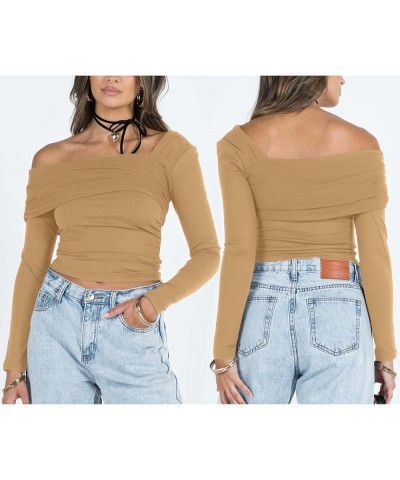 Women's One Off Shoulder Long Sleeve Top Casual Going Out Y2K Tops Slim Fit T-Shirts Ruched Crop Top Khaki $12.50 T-Shirts