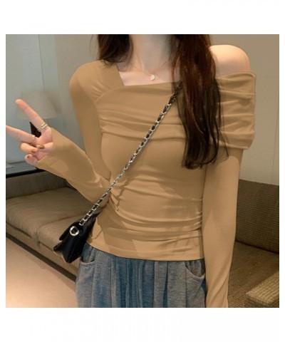 Women's One Off Shoulder Long Sleeve Top Casual Going Out Y2K Tops Slim Fit T-Shirts Ruched Crop Top Khaki $12.50 T-Shirts