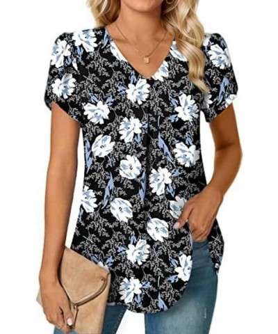 Chiffon Blouses for Women Dressy Casual Short Sleeve V Neck Summer Tops Solid Color Sexy Shirts Petal Sleeve Tops 10-black Fl...