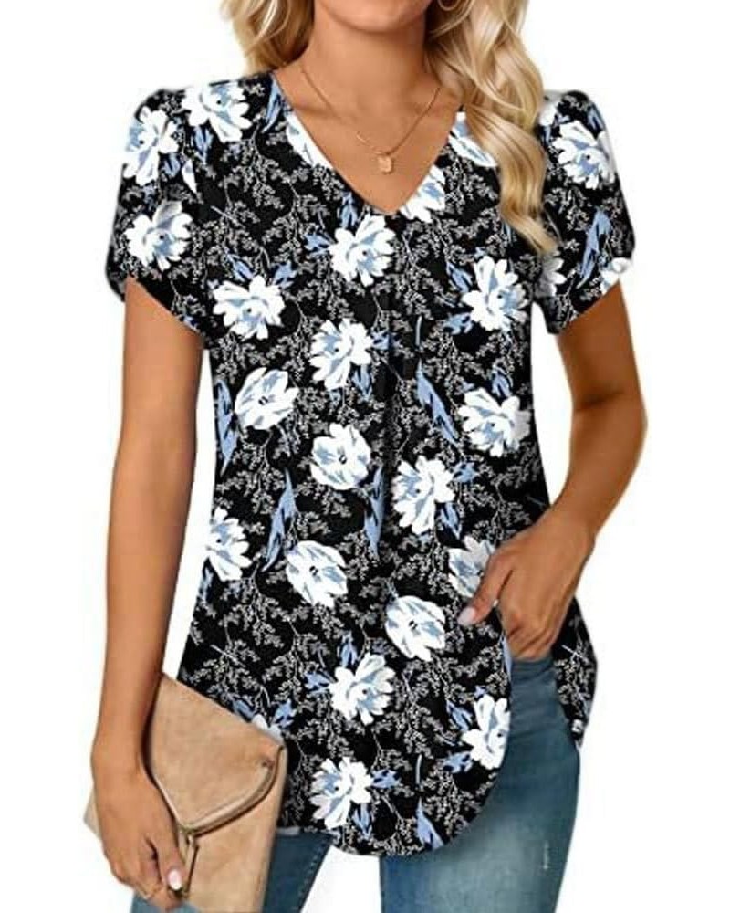 Chiffon Blouses for Women Dressy Casual Short Sleeve V Neck Summer Tops Solid Color Sexy Shirts Petal Sleeve Tops 10-black Fl...