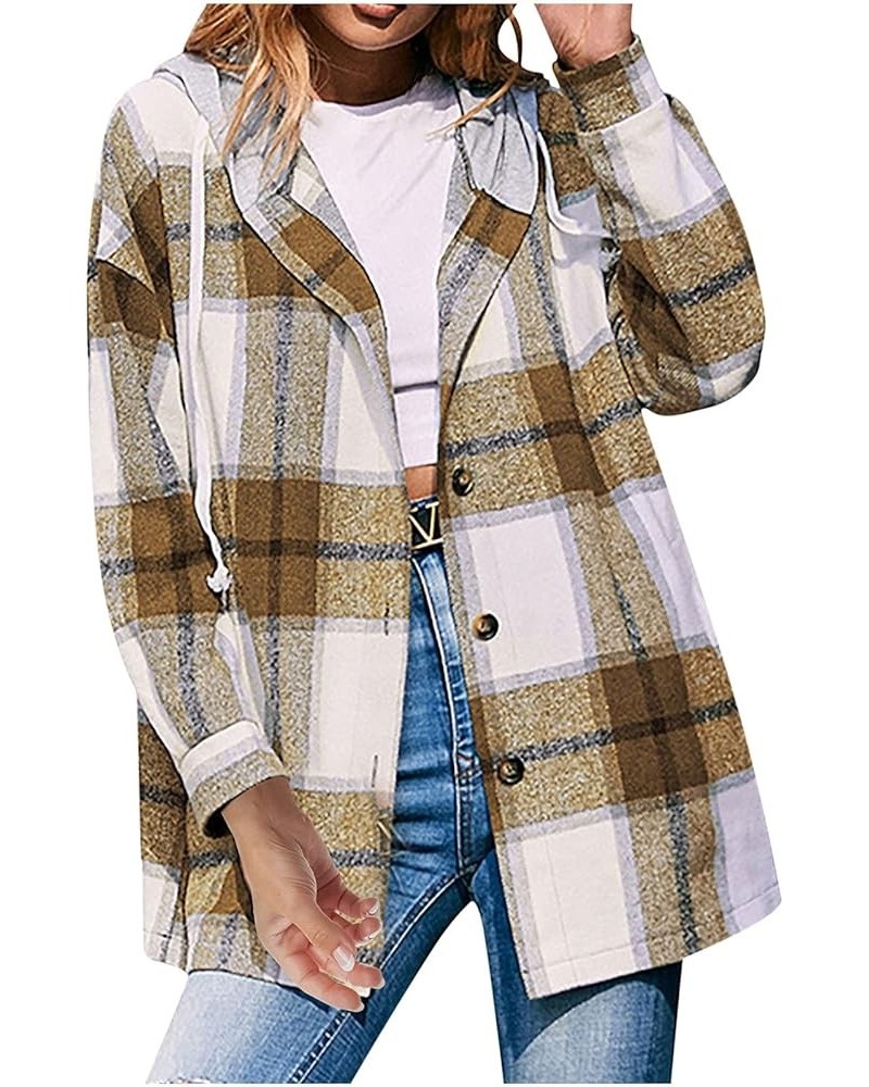 Shacket Jacket Women Casual Flannel Plaid Long Sleeve Lapel Button Down Shirts Fall Wool Blend Coat with Pockets A27 Yellow $...