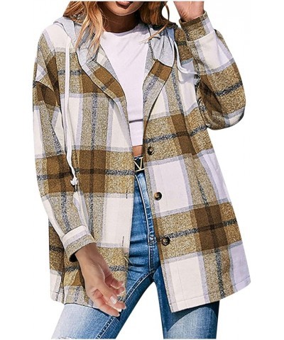 Shacket Jacket Women Casual Flannel Plaid Long Sleeve Lapel Button Down Shirts Fall Wool Blend Coat with Pockets A27 Yellow $...