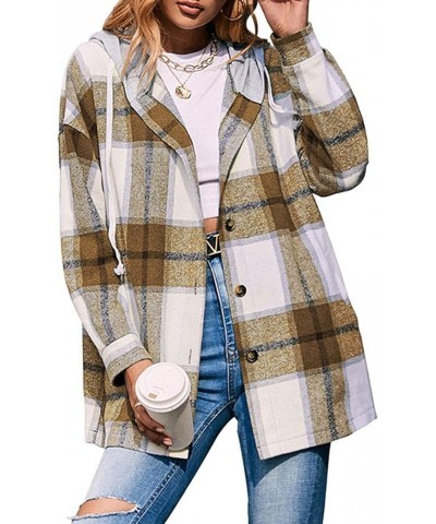 Shacket Jacket Women Casual Flannel Plaid Long Sleeve Lapel Button Down Shirts Fall Wool Blend Coat with Pockets A27 Yellow $...