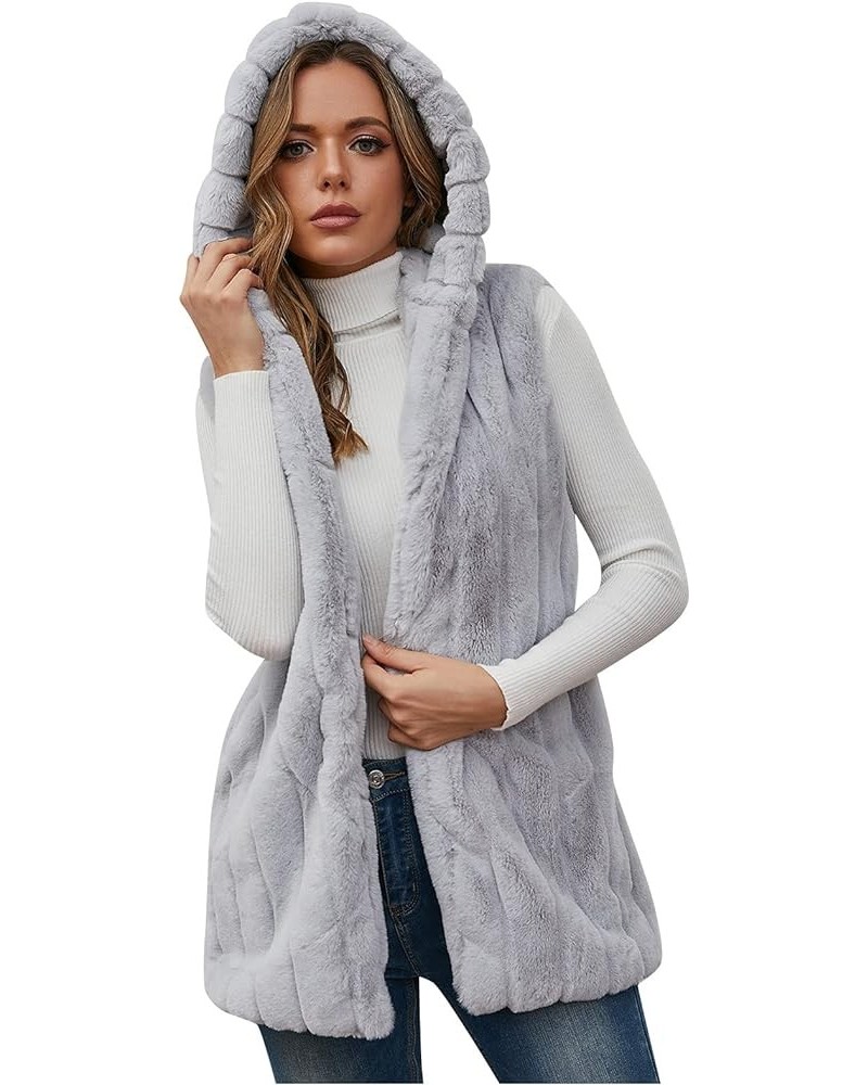 Faux Fur Gilet for Women Sleeveless Winter Waistcoat with Hood Comfy Warm Vest Fuzzy Jacket Outerwear Gray $21.67 Vests