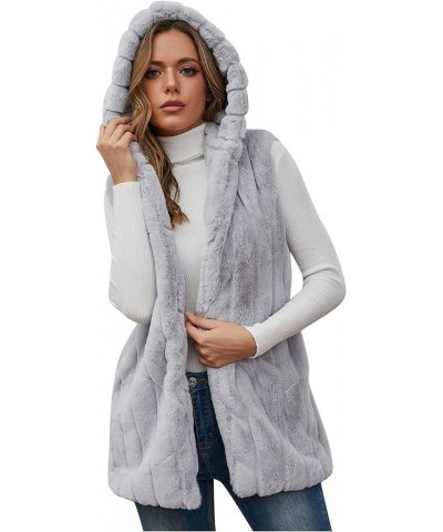 Faux Fur Gilet for Women Sleeveless Winter Waistcoat with Hood Comfy Warm Vest Fuzzy Jacket Outerwear Gray $21.67 Vests