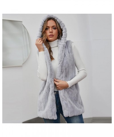 Faux Fur Gilet for Women Sleeveless Winter Waistcoat with Hood Comfy Warm Vest Fuzzy Jacket Outerwear Gray $21.67 Vests