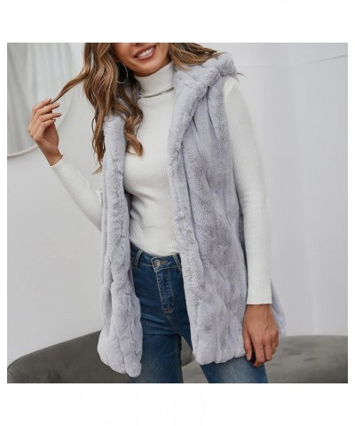 Faux Fur Gilet for Women Sleeveless Winter Waistcoat with Hood Comfy Warm Vest Fuzzy Jacket Outerwear Gray $21.67 Vests