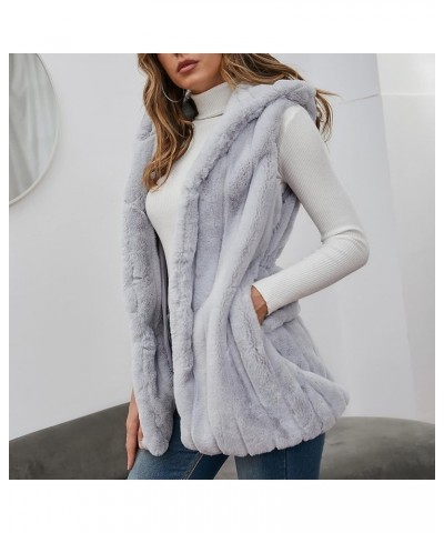 Faux Fur Gilet for Women Sleeveless Winter Waistcoat with Hood Comfy Warm Vest Fuzzy Jacket Outerwear Gray $21.67 Vests