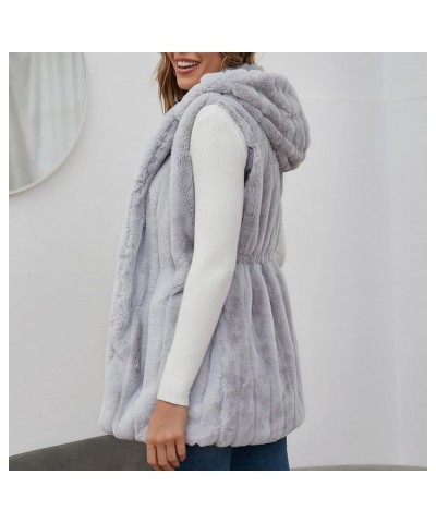 Faux Fur Gilet for Women Sleeveless Winter Waistcoat with Hood Comfy Warm Vest Fuzzy Jacket Outerwear Gray $21.67 Vests