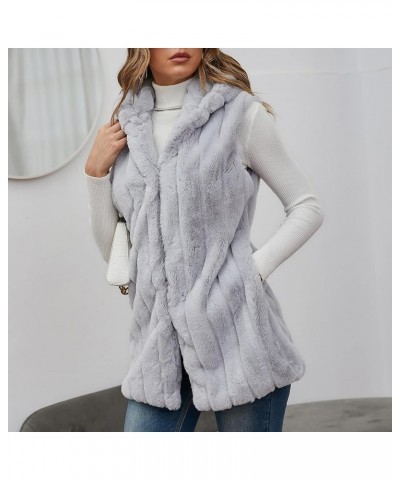 Faux Fur Gilet for Women Sleeveless Winter Waistcoat with Hood Comfy Warm Vest Fuzzy Jacket Outerwear Gray $21.67 Vests