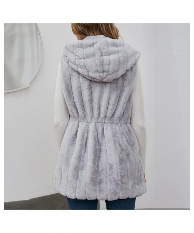 Faux Fur Gilet for Women Sleeveless Winter Waistcoat with Hood Comfy Warm Vest Fuzzy Jacket Outerwear Gray $21.67 Vests