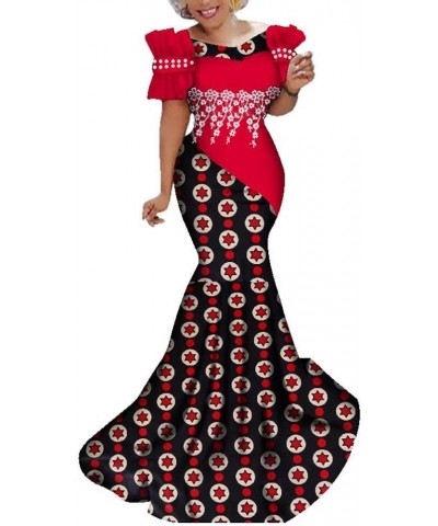 Womens Elegant Ankara Maxi Mermaid Dress Lace Decorated African Gowns Red+black $36.08 Dresses