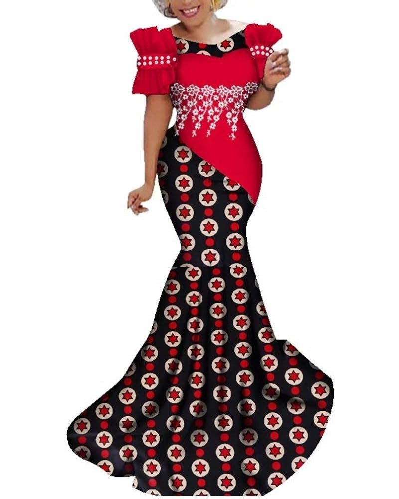 Womens Elegant Ankara Maxi Mermaid Dress Lace Decorated African Gowns Red+black $36.08 Dresses