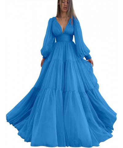 Long Puffy Sleeve Prom Dress V Neck Empire Waist Ball Gown Tulle Formal Evening Gowns for Women Formal Blue $36.00 Dresses