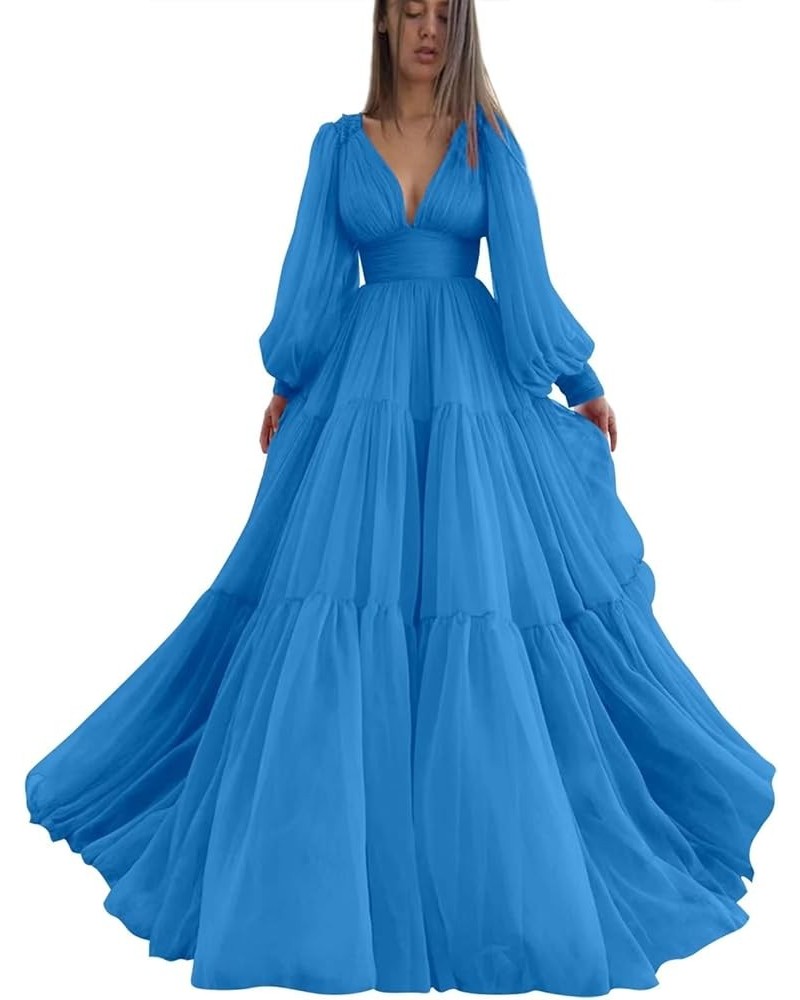 Long Puffy Sleeve Prom Dress V Neck Empire Waist Ball Gown Tulle Formal Evening Gowns for Women Formal Blue $36.00 Dresses