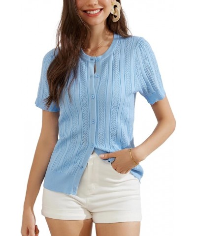 Women's 2024 Summer Short Sleeve Cardigan Crew Neck Crochet Shrug Hollow Out Cropped Sweater Tops Light Blue $11.36 Sweaters