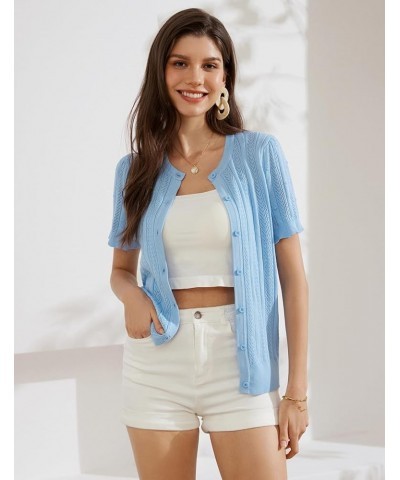 Women's 2024 Summer Short Sleeve Cardigan Crew Neck Crochet Shrug Hollow Out Cropped Sweater Tops Light Blue $11.36 Sweaters