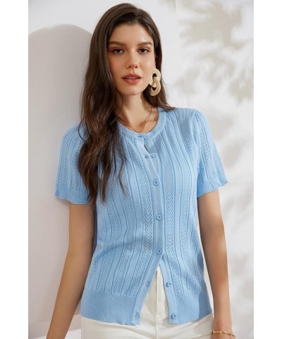 Women's 2024 Summer Short Sleeve Cardigan Crew Neck Crochet Shrug Hollow Out Cropped Sweater Tops Light Blue $11.36 Sweaters