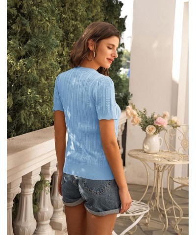 Women's 2024 Summer Short Sleeve Cardigan Crew Neck Crochet Shrug Hollow Out Cropped Sweater Tops Light Blue $11.36 Sweaters