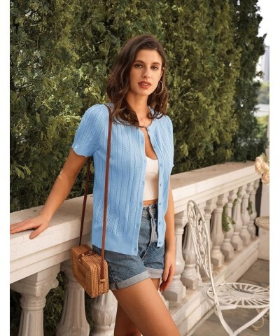 Women's 2024 Summer Short Sleeve Cardigan Crew Neck Crochet Shrug Hollow Out Cropped Sweater Tops Light Blue $11.36 Sweaters