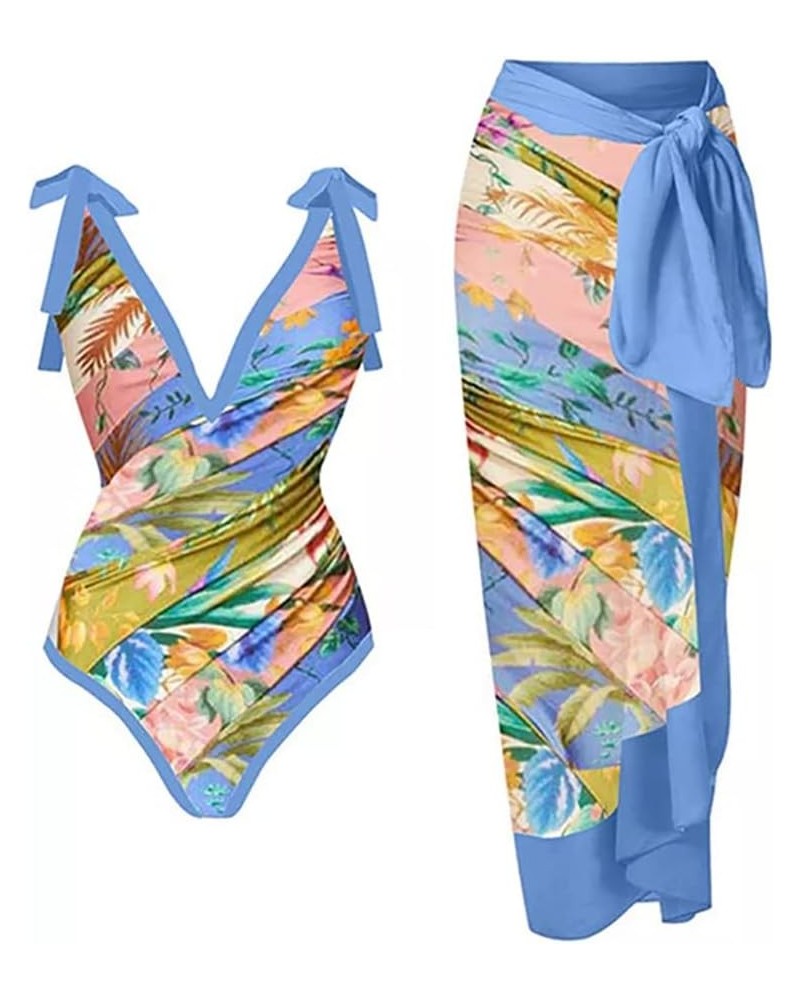 Women One Piece Swimsuit Vintage Floral Bathing Suits with Cover up Wrap Skirts Sarongs 2 Piece Monokini Beachwear Blue $24.2...