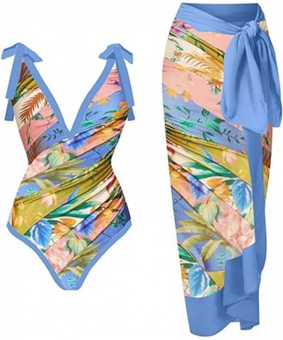 Women One Piece Swimsuit Vintage Floral Bathing Suits with Cover up Wrap Skirts Sarongs 2 Piece Monokini Beachwear Blue $24.2...