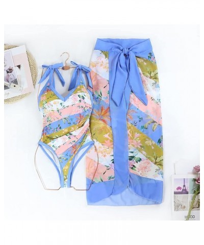 Women One Piece Swimsuit Vintage Floral Bathing Suits with Cover up Wrap Skirts Sarongs 2 Piece Monokini Beachwear Blue $24.2...