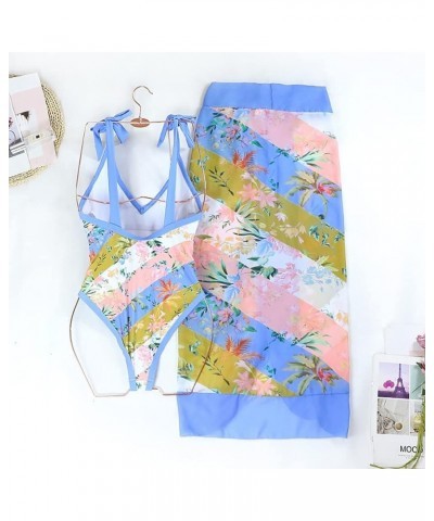 Women One Piece Swimsuit Vintage Floral Bathing Suits with Cover up Wrap Skirts Sarongs 2 Piece Monokini Beachwear Blue $24.2...