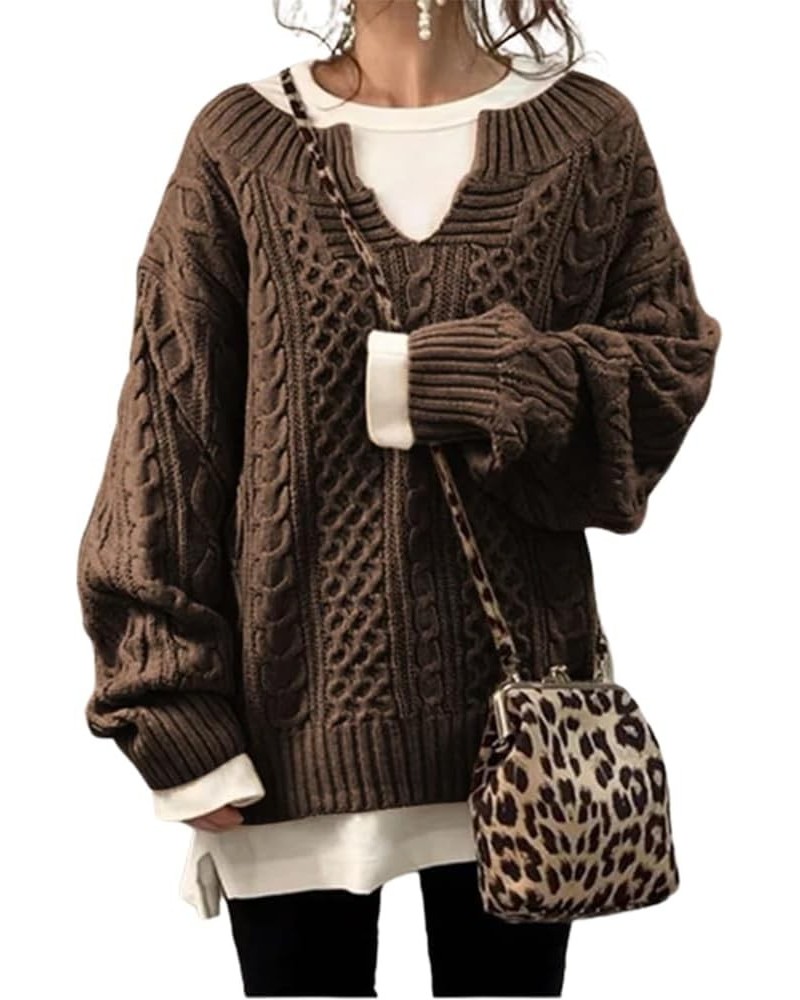 Slouchy Cable Knit Sweater Women Fall Fashion V-Neck,Sleeve Loose Cable Knit Sweater Pullover Large G $20.29 Sweaters