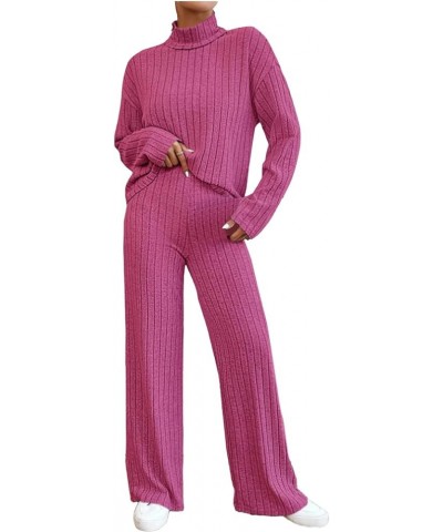 Women's 2 Piece Knitted Lounge Sets Long Sleeve V Neck Knit Pullover Top And Baggy Pants Solid Sweater Knit Outfits 03-hot Pi...