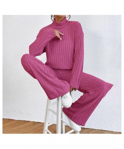 Women's 2 Piece Knitted Lounge Sets Long Sleeve V Neck Knit Pullover Top And Baggy Pants Solid Sweater Knit Outfits 03-hot Pi...