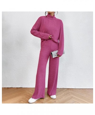 Women's 2 Piece Knitted Lounge Sets Long Sleeve V Neck Knit Pullover Top And Baggy Pants Solid Sweater Knit Outfits 03-hot Pi...