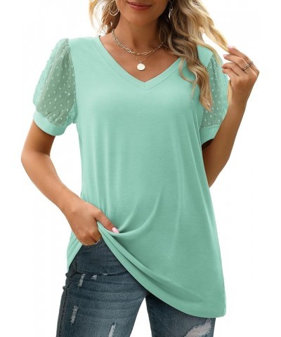 Womens Short Sleeve V Neck Shirts Swiss Dot Puff Sleeve Tops Loose Casual Tshirts 09-mint Green $13.24 T-Shirts