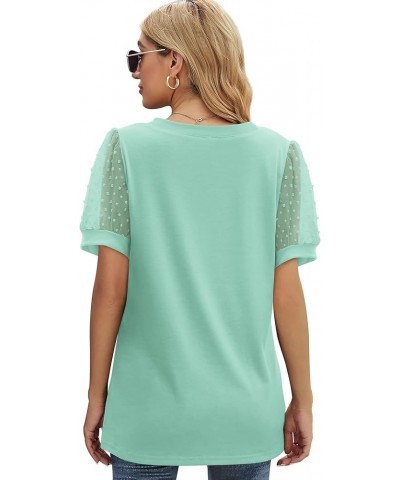 Womens Short Sleeve V Neck Shirts Swiss Dot Puff Sleeve Tops Loose Casual Tshirts 09-mint Green $13.24 T-Shirts